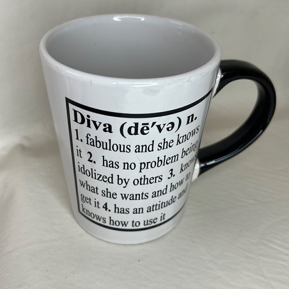 Tumbleweed Diva Coffee Tea Mug Black White 20 Ounces Ceramic Fabulous Attitude